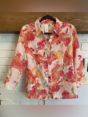JM Collection 100% Linen Floral Button Front Blouse Pink Women’s Size 12